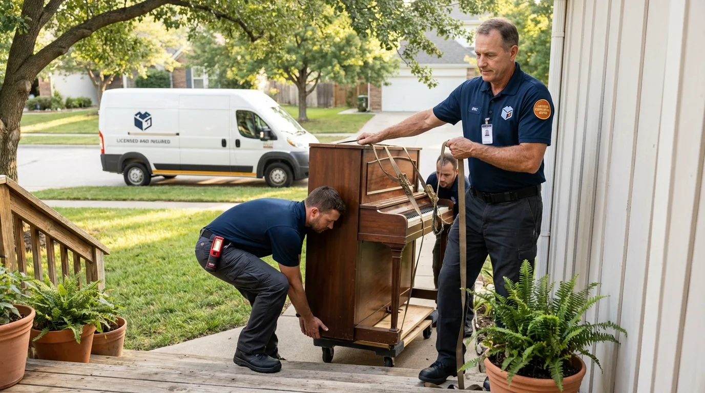 Licensed piano movers securing grand piano in Perry, OH