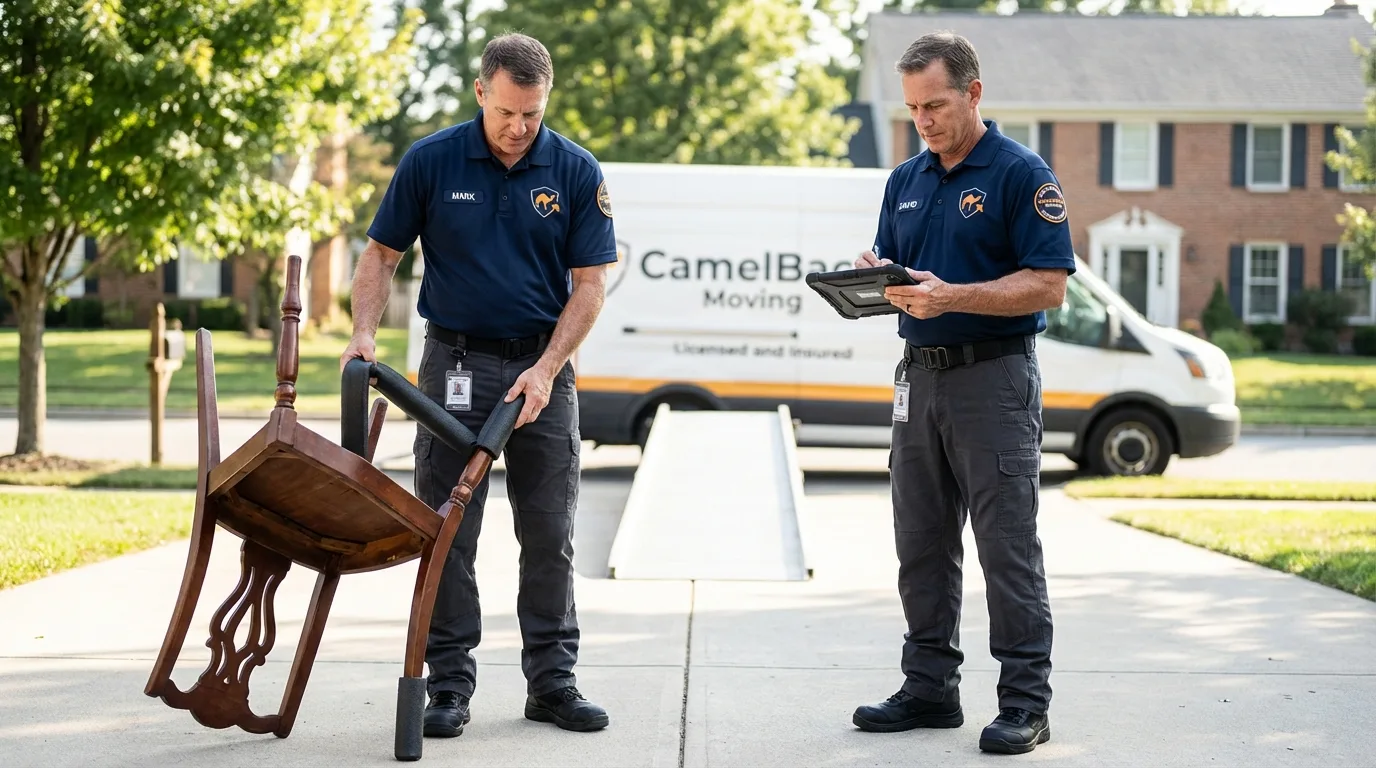Movers inspecting furniture for damage prevention before loading in Perry, OH