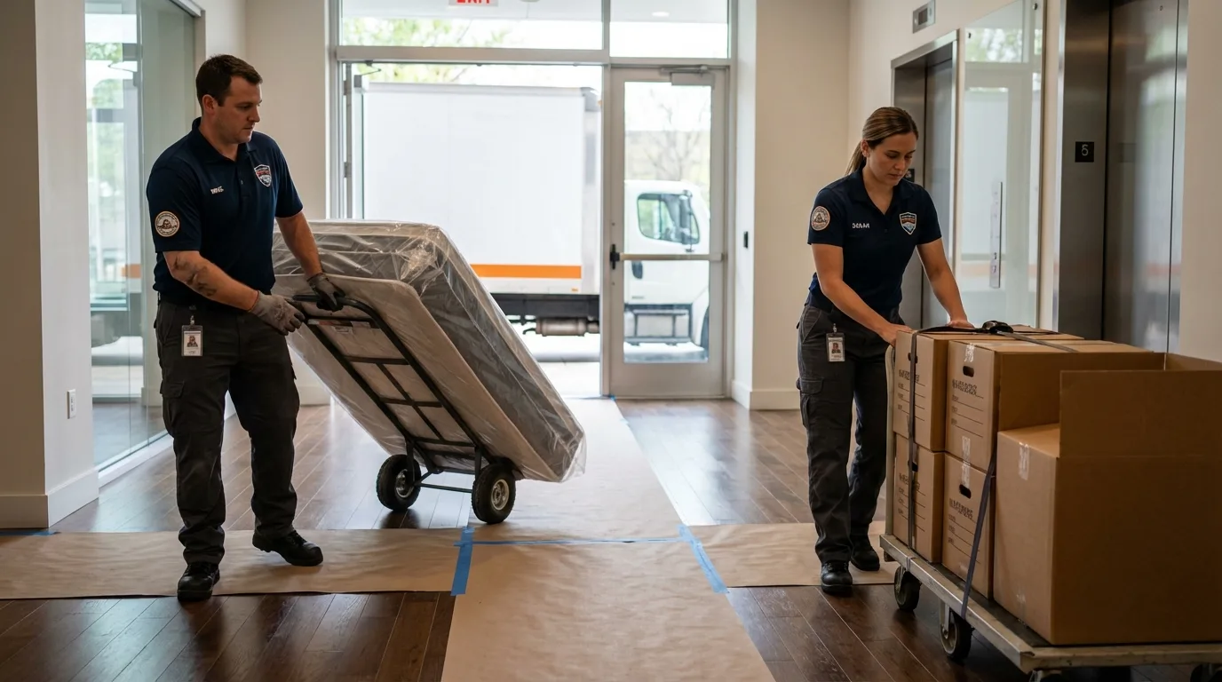 Professional apartment movers loading elevator in Perry, OH